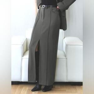 Lichi Tailored Grey Maxi Suiting Skirt | Minimalist High-Waist Pencil Maxi